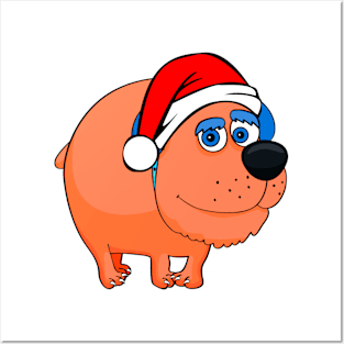 Funny Cartoon Dog Wearing A Santa Hat Posters and Art